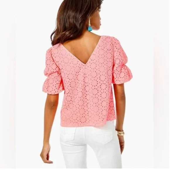 Lilly Pulitzer Shaila Top in Shellona Coral Neon Sunburst Eyelet. Size XS - Picture 2 of 9